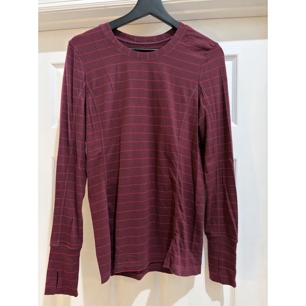 Athleta Women's Burgundy Striped Crew Neck Long Sleeve Stretch Tee Yoga (M)
